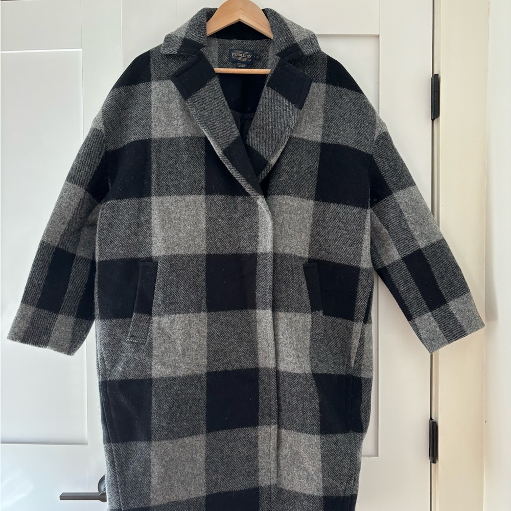 Pendleton Windowpane Plaid Black Gray Check Wool Coat L XL